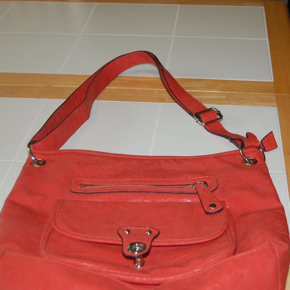 Bueno Salmon Faux Leather Shoulder Bag 14" x 12" W/29" Double Adjustable Strap - Picture 12 of 13
